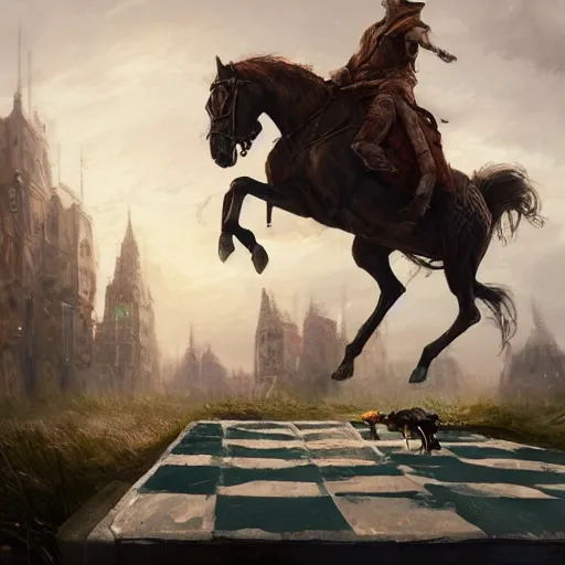 Image similar to a chess piece comes alive, the horse jumps over the tower piece in the wooden chessboard, fantasy art, in the style of greg rutkowski, illustration, epic, fantasy, cinematic, intricate, hyper detailed, artstation, concept art, smooth, sharp focus, ray tracing