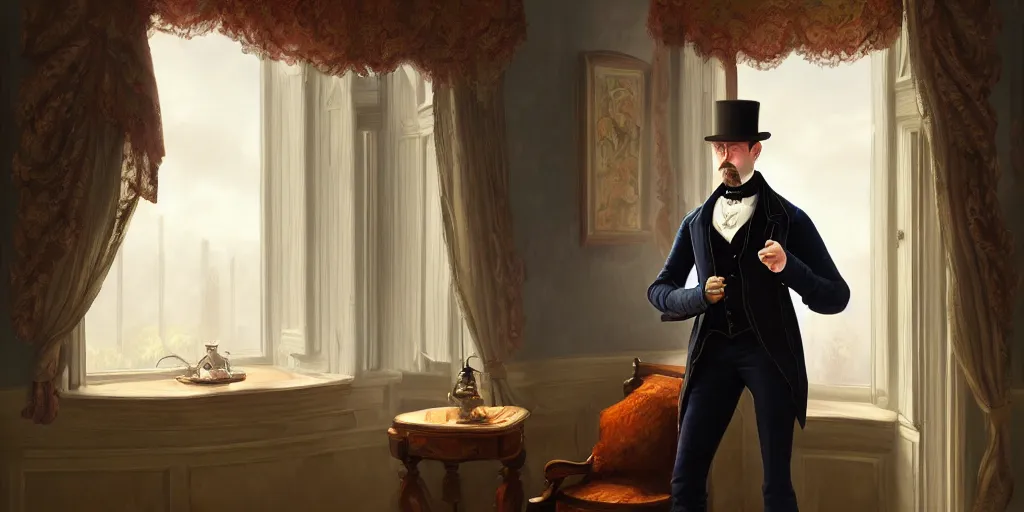 Prompt: highly detailed portrait painting of victorian gentleman, steam pank, room mono window, by eddie mendoza and tyler edlin, 8 k resolution