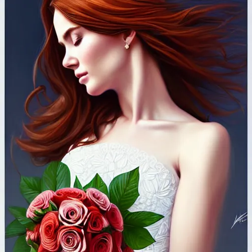 Prompt: portrait of a gorgeous woman holding a bouquet of roses, auburn hair, intricate, white dress, elegant, highly detailed, 8 k, art by artgerm, mark hill