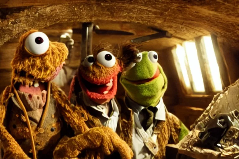 Image similar to High definition scene, inside the cabin, from Evil Dead Muppets starring BRUCE CAMPBELL as ASH