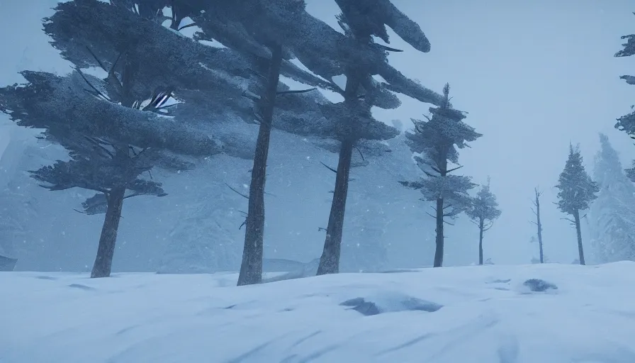 Image similar to Unreal Engine Survival Game in a blizzard, Heavy Thick snow, Fog and Mist, Beautiful dark Landscape, Distant Lights, Hyperrealistic, Hyperdetailed, Concept Art