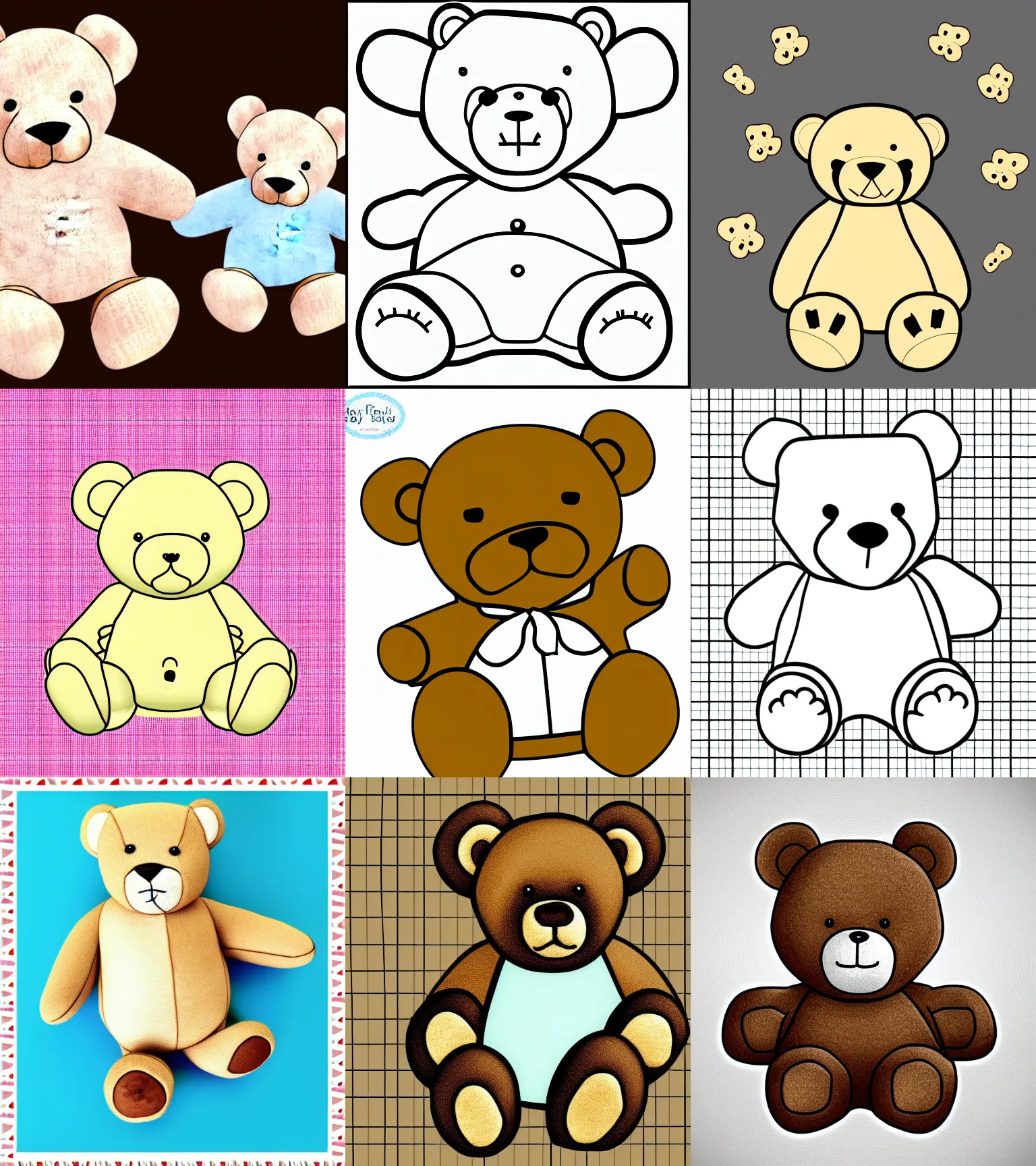 Prompt: Sewing pattern for fat teddy bear, outline illustration, pattern for fabric