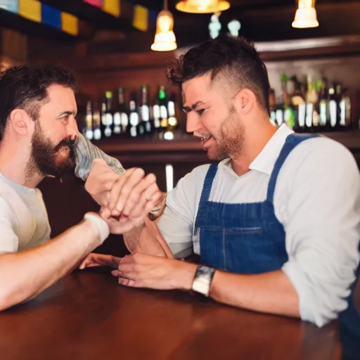 Prompt: 90mm color photo of a man elbowing another man at the local pub