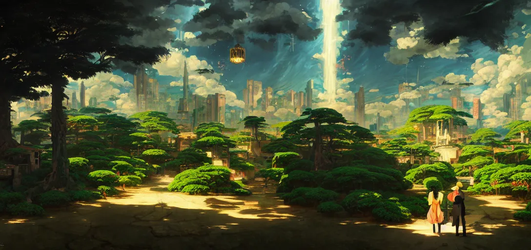 Image similar to baroque oil painting of anime key visual environment concept art of a garden of eden in a cyberpunk world, brutalist, dark fantasy, rule of thirds, digital cel shading, fake hidden detail, trending on pixiv fanbox, acrylic palette knife and brush, style of makoto shinkai studio ghibli jamie wyeth james gilleard greg rutkowski