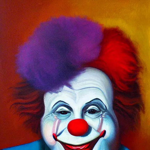 Prompt: clown waving hello, oil painting