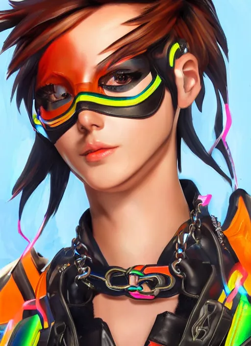 Image similar to portrait bust digital artwork of tracer overwatch, wearing iridescent rainbow latex and leather straps catsuit outfit, neon makeup, in style of mark arian, angel wings, wearing detailed leather collar, chains, black leather harness, detailed face and eyes,