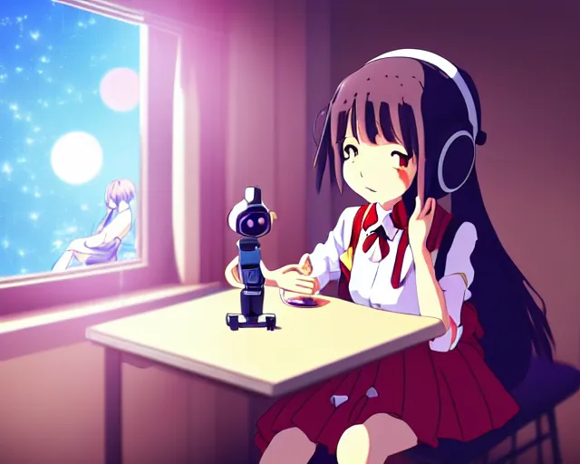 Image similar to anime fine details portrait of joyful school girl talk with robot in her room at the table, evening, lamp, lo-fi, open window, dark city landscape on the background deep bokeh, profile close-up view, anime masterpiece by Studio Ghibli. 8k, sharp high quality anime