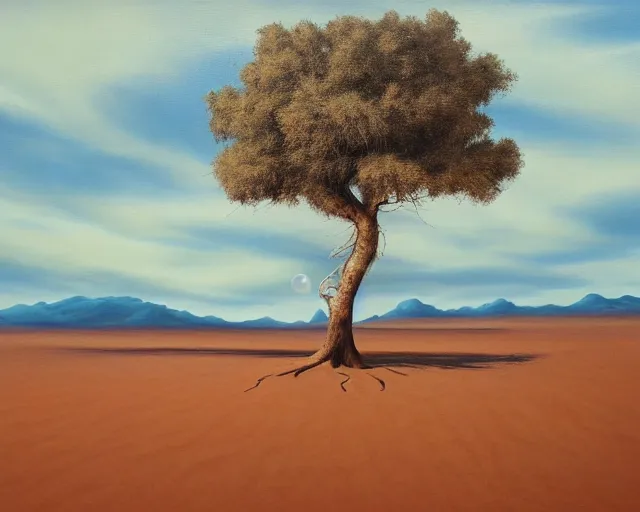 Image similar to a painting of a tree in the desert, an airbrush painting by breyten breytenbach, detailed sand pattern, cgsociety, neo - primitivism, airbrush art, dystopian art, apocalypse landscape