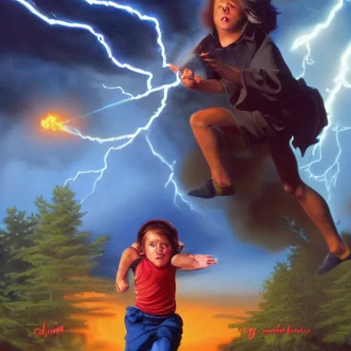 Prompt: a running child surrounded covered, lightning, vapor, mist, smoke, blood drops, fire, a highly detailed matte painting by John Philip Falter and Jason Edmiston