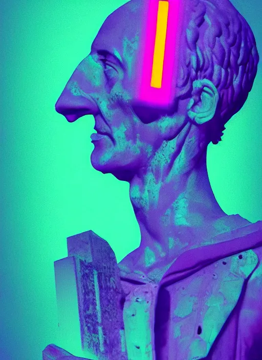 Prompt: statue of julius caesar with a skull, beeple, vaporwave, retrowave, abstract neon shapes, posterization, black background, glitch, pixel sorting, strong contrast, pinterest, trending on artstation