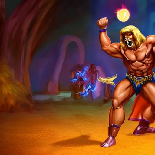 Image similar to He Man dancing with Skeletor, cinematic lighting, photorealistic