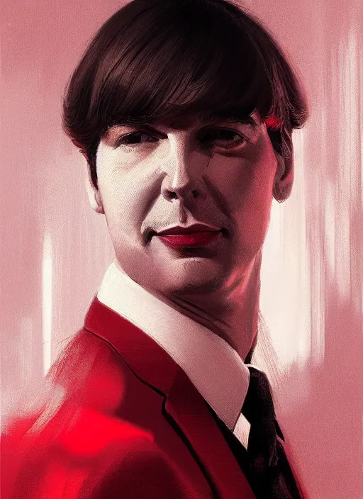 Image similar to portrait of tom jobim with bangs, 1 9 6 0 s, long hair, red clothes, bangs, intricate, elegant, glowing lights, highly detailed, digital painting, artstation, concept art, smooth, sharp focus, illustration, art by wlop, mars ravelo and greg rutkowski