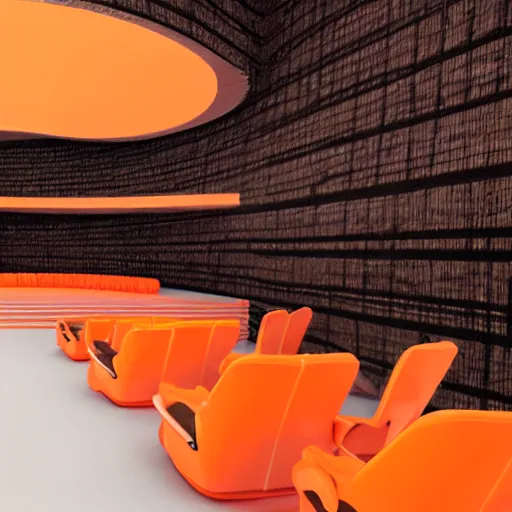 Image similar to 3 d rendering of an orange - shaped chair. 4 d cinema. high fidelity. high quality. architecture.