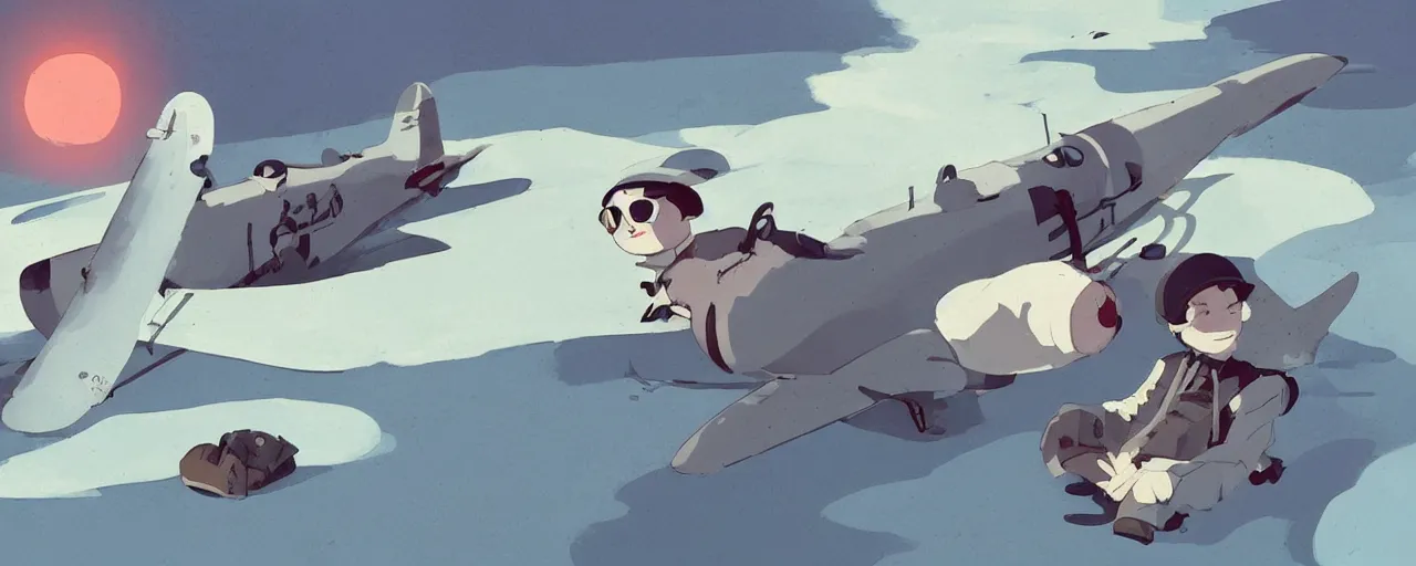 Image similar to dead baby seal dressed as a pilot from the 1 9 3 0 s, on the ground next to a crashed japanese zero plane, atey ghailan, goro fujita, studio ghibli, rim light, harsh bright lighting, clear focus, very coherent