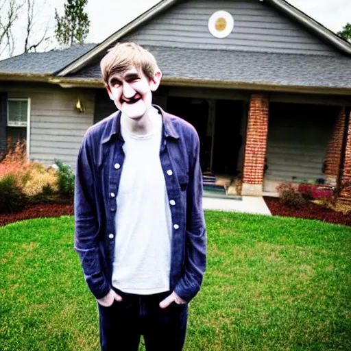 Image similar to bo burnham outside of his house, smiling and dancing