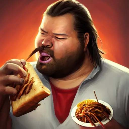 Image similar to portrait of a half fatman half pig eating kebab with long hair tied in a ponytail, light stubble with red shirt ,digital art,photorealistoc,art by greg rutkowski,hyperdetailed,western comic style,comic,comic style,sharp lineart,professional lighting,deviantart,artstation,trevor henderson,rossdtaws,cinematic,dramatic