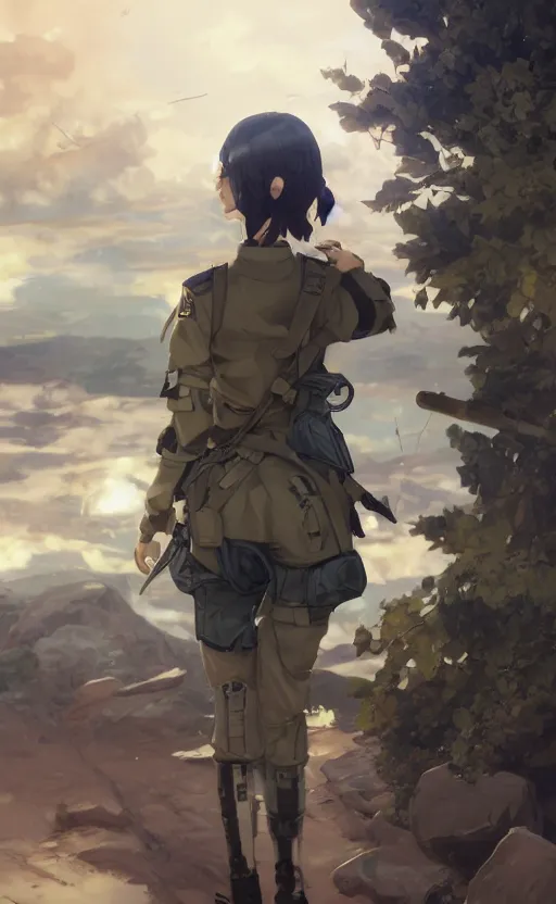 Image similar to panoramic view, a pilot girl, soldier clothing, battlefield in background, anime style, hair down, symmetrical facial features, realistic hands, from arknights, hyper realistic, 4 k, extreme detail, d & d, trending artstation, safebooru, realistic lighting, by alphonse mucha, greg rutkowski, sharp focus