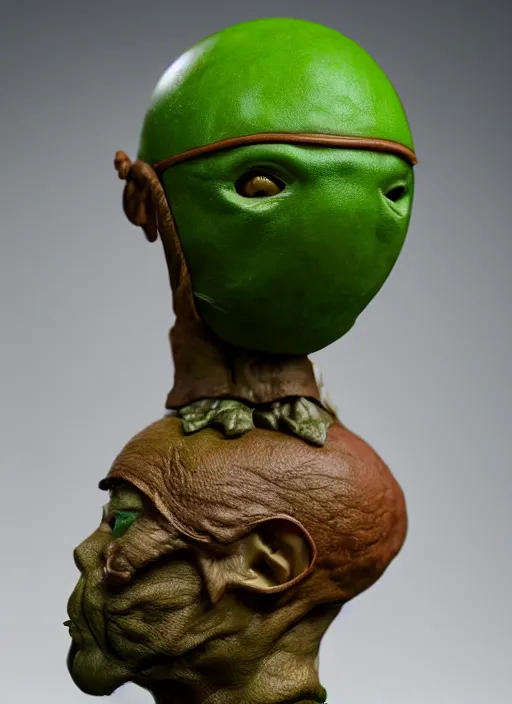 Image similar to spherical green head, flesh - toned heman anthropomorphic pea legume action figure, diffuse lighting, photographic fantasy, intricate detail, elegant, highly detailed, lifelike, photorealistic, artstation, art by john collier, frank frazetta, albert aublet, krenz cushart, artem demura and alphonse mucha