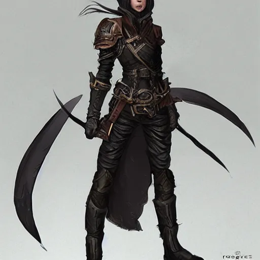 Prompt: A young female rogue in intricate leather armor + concept art + detailed character portrait