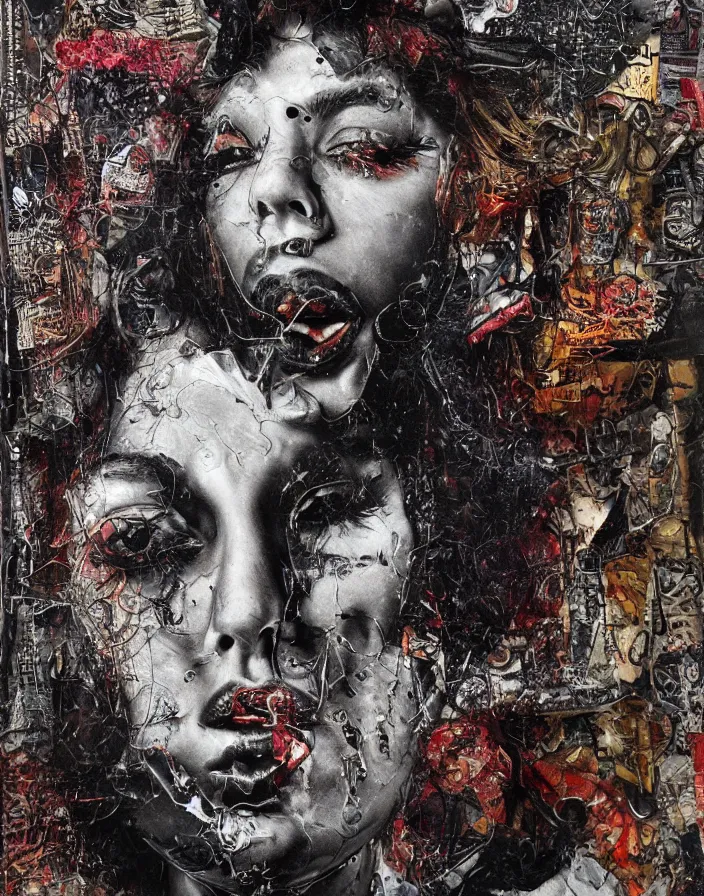 Prompt: heavy metal orgasm detailed mixed media collage with canvas texture, conteporary art, punk art, realistic face, photorealistic, expressionism, masterpiece, perfect composition, spectacular quality, intricate oil details