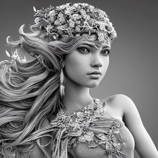 Image similar to wonderful princess, beautiful face, hyper detailed, flowing background intricate and detailed, ornate 8 k gorgeous intricate detailed, octane render,, black and white