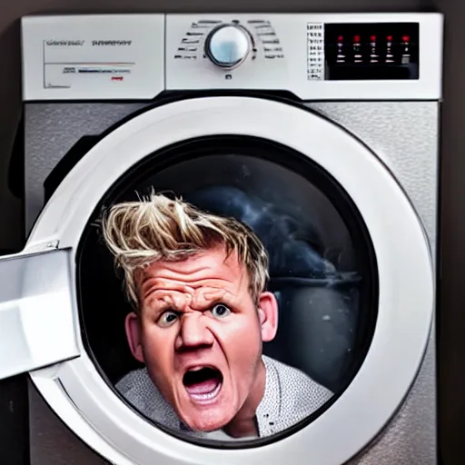 Image similar to angry furious Gordon Ramsay poking his head out of a washing machine and shouting at the camera