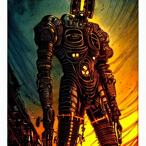 Image similar to cyberpunk knight, atmospheric lighting, painted, intricate, golden hour, ultra detailed by philippe druillet