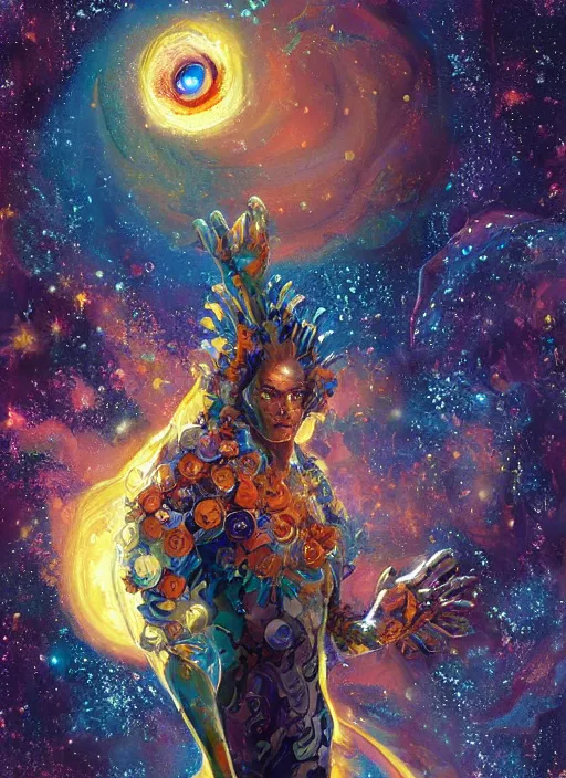 Image similar to high intricate painting of the sandman holding a glimmering galaxy, full shot, neil gaiman, maria panfilova, andrea savchenko, mike kime, ludovic plouffe, qi sheng luo, oliver cook, julian calle, eddie mendoza, trending on artstation