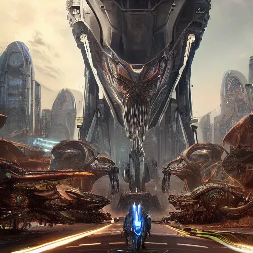 Image similar to gigantic alien war machine walking through the center of a technologically advanced city surrounded by alien citizens, high detail, 70’s sci-fi, deep aesthetic, concept art, 4K, highly ornate intricate details,