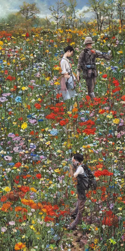 Image similar to oil painting scene from flower fields in the forest by kim jung gi