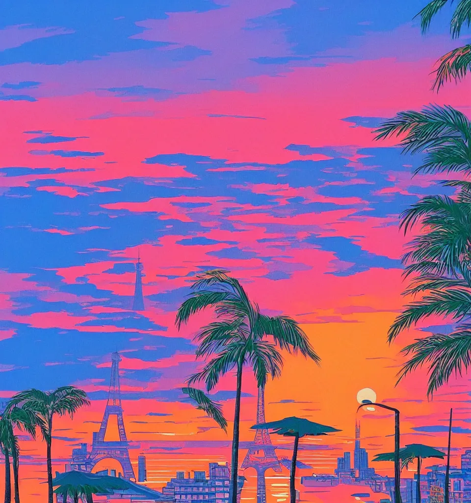 Prompt: gorgeous romantic sunset, cliffside onlooking the beautiful city of paris, warm colors, tropical, in the style of hiroshi nagai, very detailed, tropical, 8 0 s