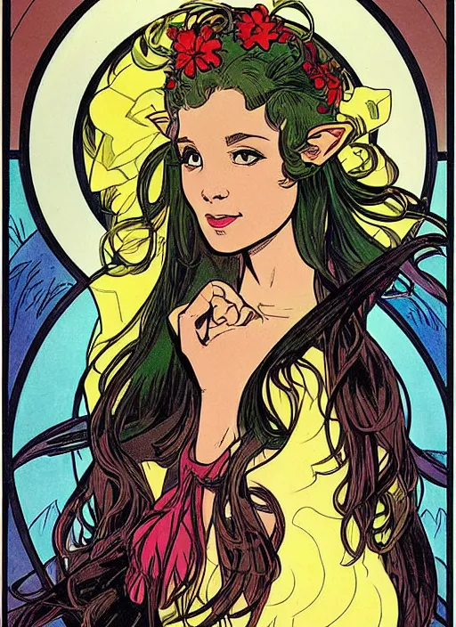 Image similar to a beautiful young woman. she is an elf. well composed, clean elegant painting, beautiful detailed face. retro comic book art by steve ditko and jack kirby and ( alphonse mucha )