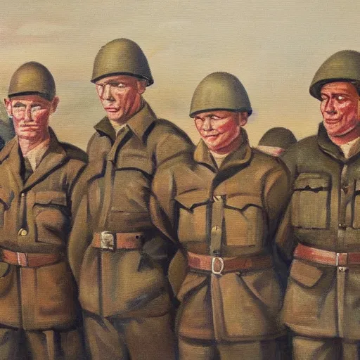Prompt: world war 2 soldiers in a british supermarket oil painting