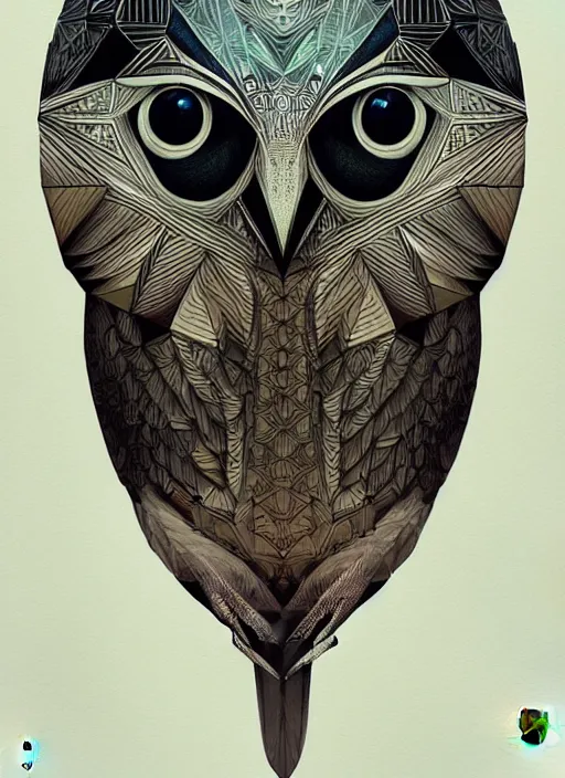 Image similar to portrait of a geometric owl, identical eyes, medium shot, illustration, full body made of white feathers, symmetrical, art stand, super detailed, cinematic lighting, and its detailed and intricate, gorgeous, by peter mohrbacher