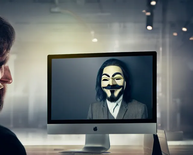 Prompt: man wearing guy fawkes mask looking at computer monitor, corporate photo, cinematic lighting