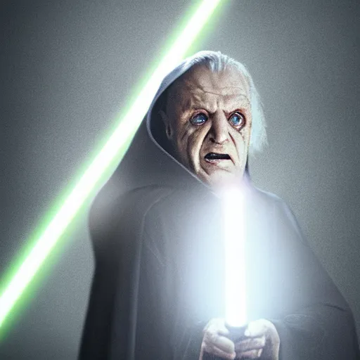 Image similar to darth sidious with lightsaber, heavy rain, lightning, moody lighting, shallow depth of field,