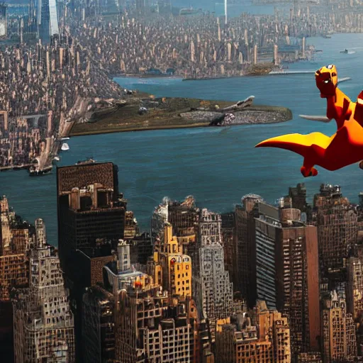 Image similar to charizard flying above new york, realistic extremely detailed photo style painting, granular detail, holographic krypton ion, octane render, 4 k, f 3 2, 5 5 mm photography, wide angle