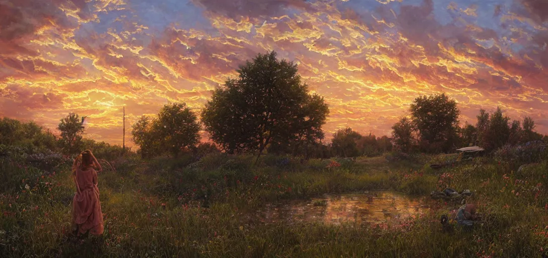 Prompt: View of a warm summer sunset sky, oil on canvas, intricate, portrait, 8k highly professionally detailed, HDR, CGsociety, illustration painting by Mandy Jurgens and Małgorzata Kmiec and Dang My Linh and Lulu Chen and Alexis Franklin and Filip Hodas and Pascal Blanché and Bastien Lecouffe Deharme, detailed intricate ink illustration, heavenly atmosphere, detailed illustration, hd, 4k, digital art, overdetailed art, concept art, complementing colors, trending on artstation, Cgstudio, the most beautiful image ever created, dramatic, subtle details, illustration painting by alphonse mucha and frank frazetta daarken, vibrant colors, 8K, style by Wes Anderson, award winning artwork, high quality printing, fine art, gold elements, intricate, epic lighting, very very very very beautiful scenery, 8k resolution, digital painting, sharp focus, professional art, atmospheric environment, art by artgerm and greg rutkowski, by simon stålenhag, rendered by Beeple, by Makoto Shinkai, syd meade, 8k ultra hd, artstationHD, 3d render, hyper detailed, elegant, by craig mullins and marc simonetti, Ross Tran and WLOP, by Andrew Wyeth and Gerald Brom, John singer Sargent and James gurney