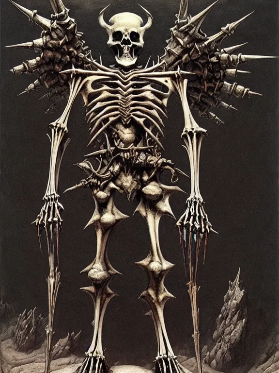 Prompt: A little vibrant. A spiked horned detailed bear-semihuman skeleton with armored joints stands in a large cavernous dark castle with a pebble in hands. Wearing massive shoulderplates, cloak. Extremely high details, realistic, fantasy art, solo, masterpiece, bones, ripped flesh, colorful art by Zdzisław Beksiński, Arthur Rackham, Dariusz Zawadzki, Harry Clarke