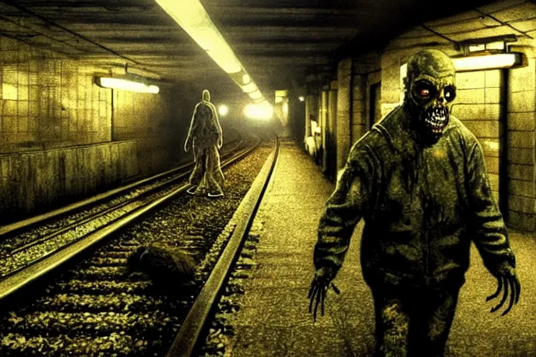 Image similar to very large giant mutant zombie irradiated an ifected with cancer and worms ( angry rat ) staying on railways in tonnel of moscow subway. extreme high detail, very realistic. low dark light, scary mood.