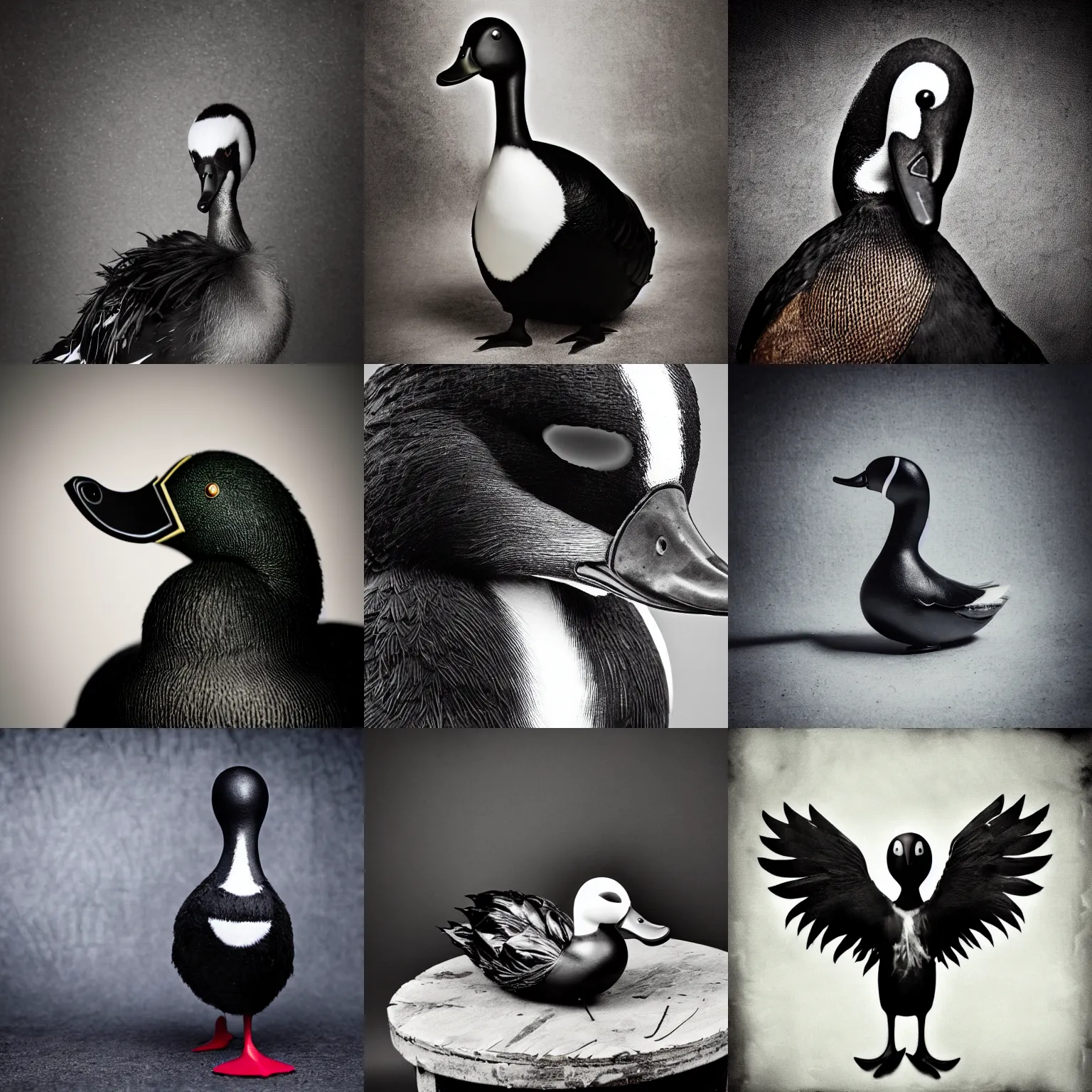 Prompt: black metal duck with corpse paint, studio photography