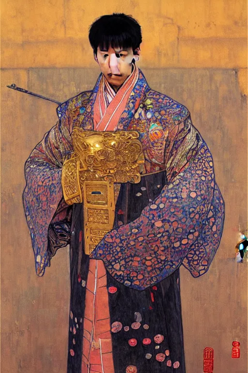 Image similar to a man wearing hanfu, muscular, detailed face, correct face, cyberpunk chinese ancient castle, fantasy, painting by Gustav Klimt, greg rutkowski and alphonse mucha