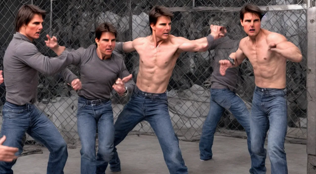 Image similar to Tom Cruise clones in Cage fight, photorealistic