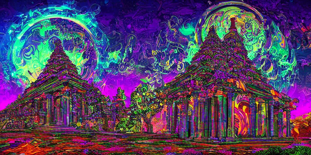 Image similar to temple of the supreme artificial intelligence on an earth like psychedelic planet, beautiful ultra detailed colorful digital art