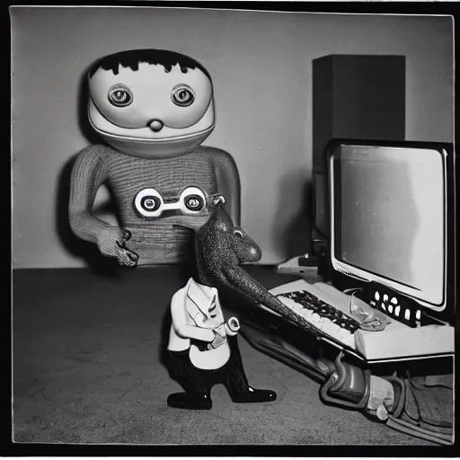 Image similar to a black and white photograph of a man destroying a computer until it sparks, by gary baseman, by robert crumb, by jim henson, photorealistic, surreal, soft lighting, deep shadows, film photography