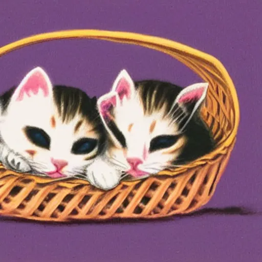 Image similar to two kittens sleeping in a basket, spray paint, warm color palette, happy