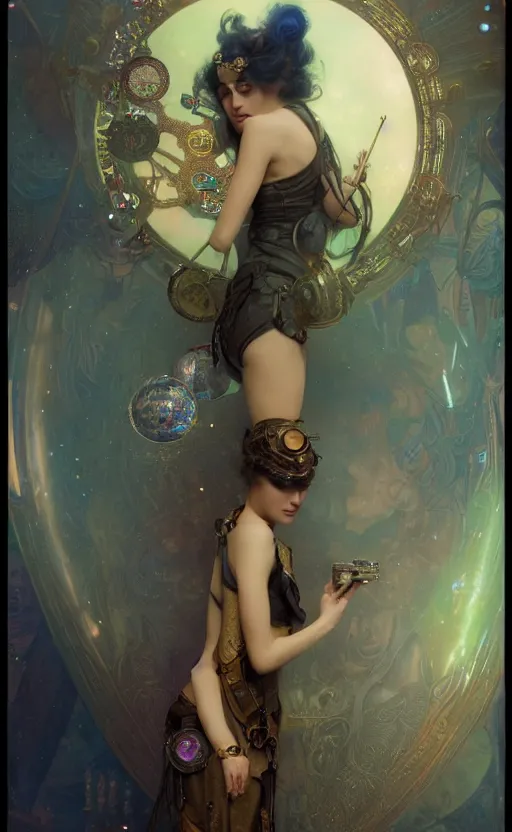 Image similar to hyper realistic photographer taking a picture, magical, gems, jewels, gold, steampunk, cyberpunk utopia, painted by tom bagshaw, mucha, gaston bussiere, craig mullins, j. c. leyendecker 8 k