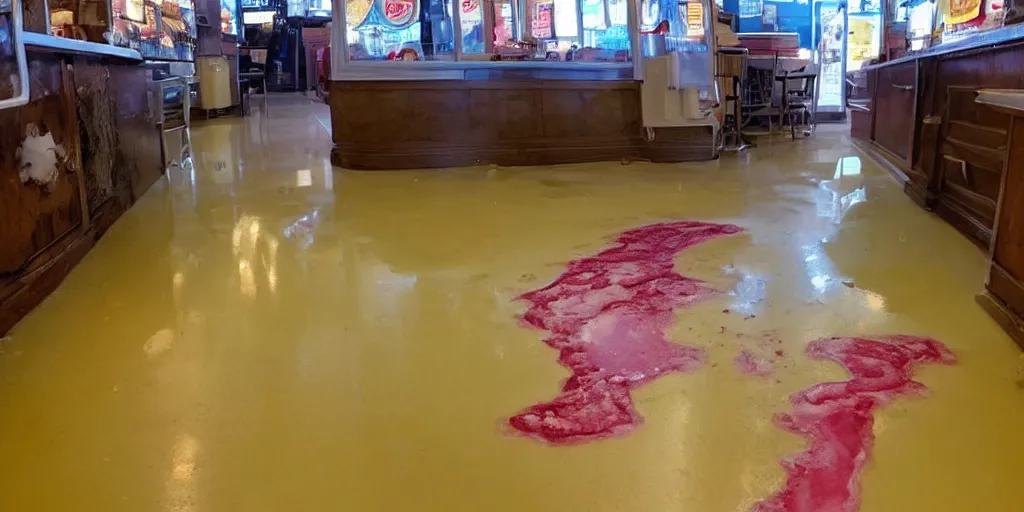 Image similar to inside a leaking freezer of melting ice cream cases is in an old fashioned ice cream parlor. the leak has made a big colorful puddle of melted ice cream on the floor and the puddle is reminiscent to the shape of werewolf fangs.