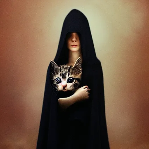 Image similar to a portrait of a kitten wearing a black cloak, cloak covering face, anatomically correct, beautiful perfect face, enigmatic, oil painting, matte, black background, Volumetric dynamic lighting, Highly Detailed, Cinematic Lighting, Unreal Engine, 8k, HD, by Beksinski