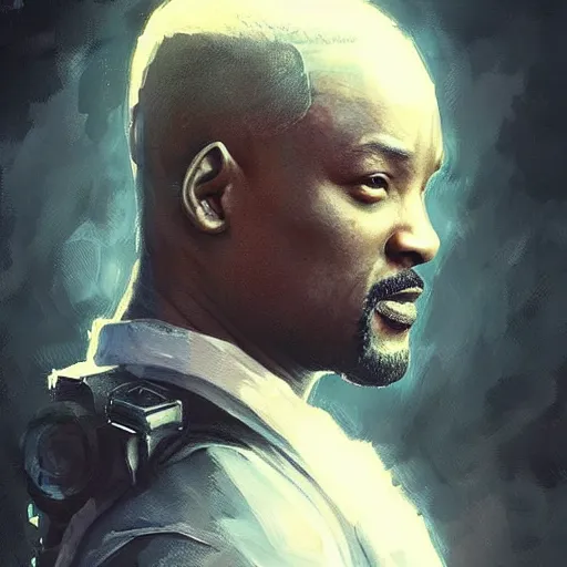 Image similar to “Portrait of Will Smith by Greg Rutkowski, young, manly, attractive, strong, older brother vibes, highly detailed portrait, scifi, digital painting, artstation, concept art, smooth, sharp foccus ilustration, Artstation HQ”
